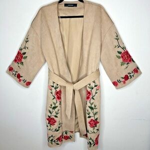 Zara Beige Trench Coat with Red Floral Embroidery